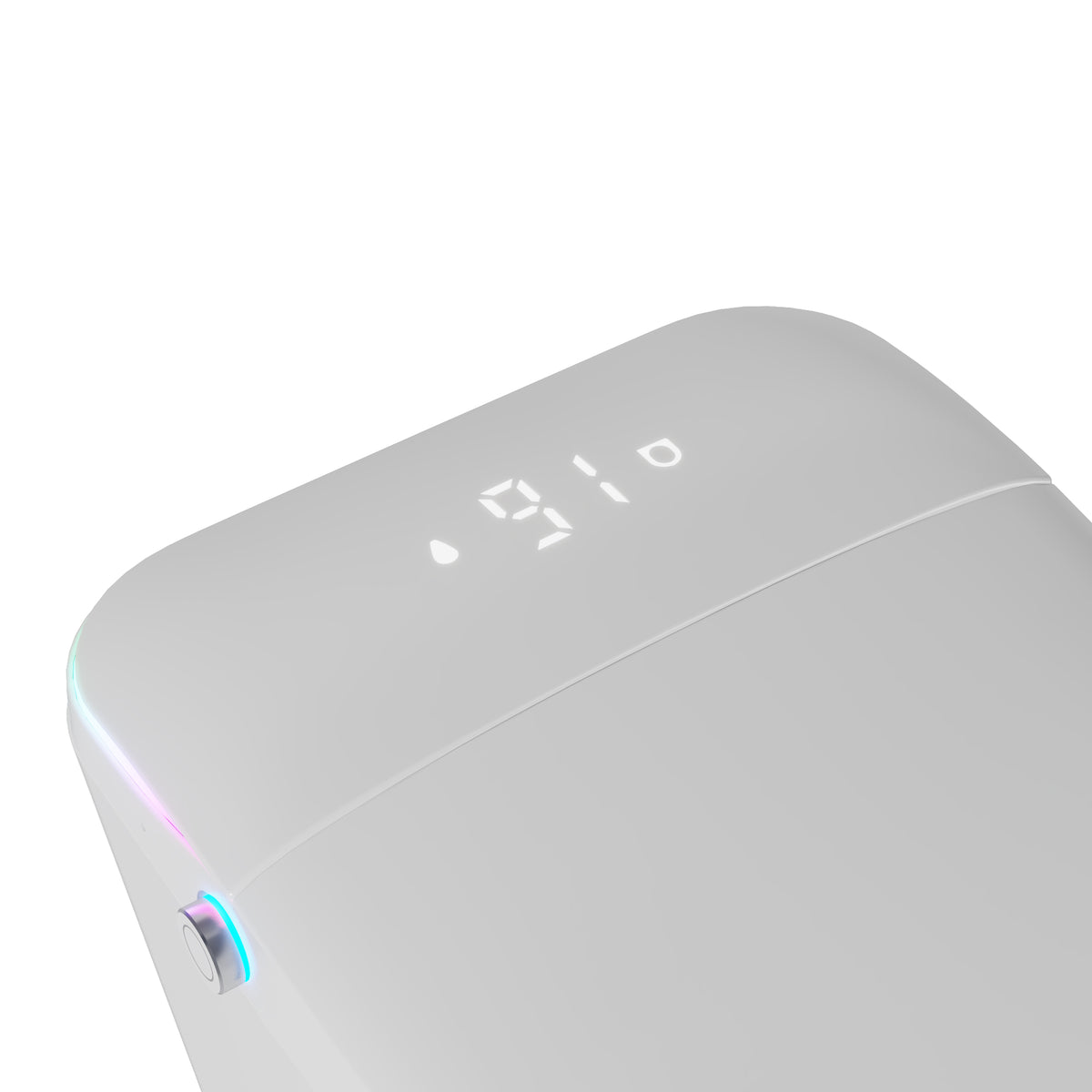 White smart toilet in a modern bathroom with side control knob and ambient light