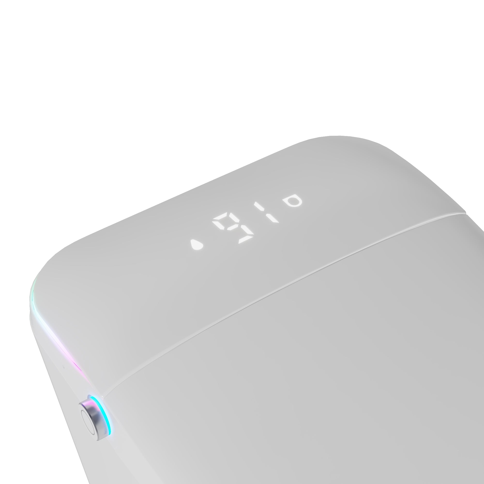 White smart toilet in a modern bathroom with side control knob and ambient light