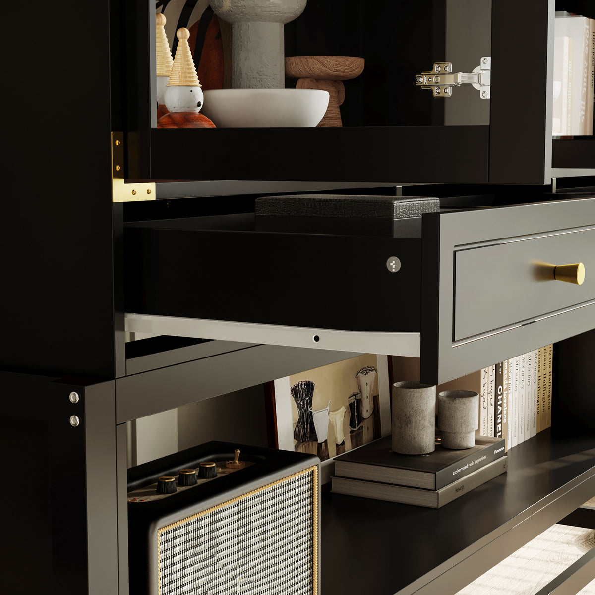 66" Modern Black Display Bookcase with Open Shelves, Glass Doors and 3 Drawers