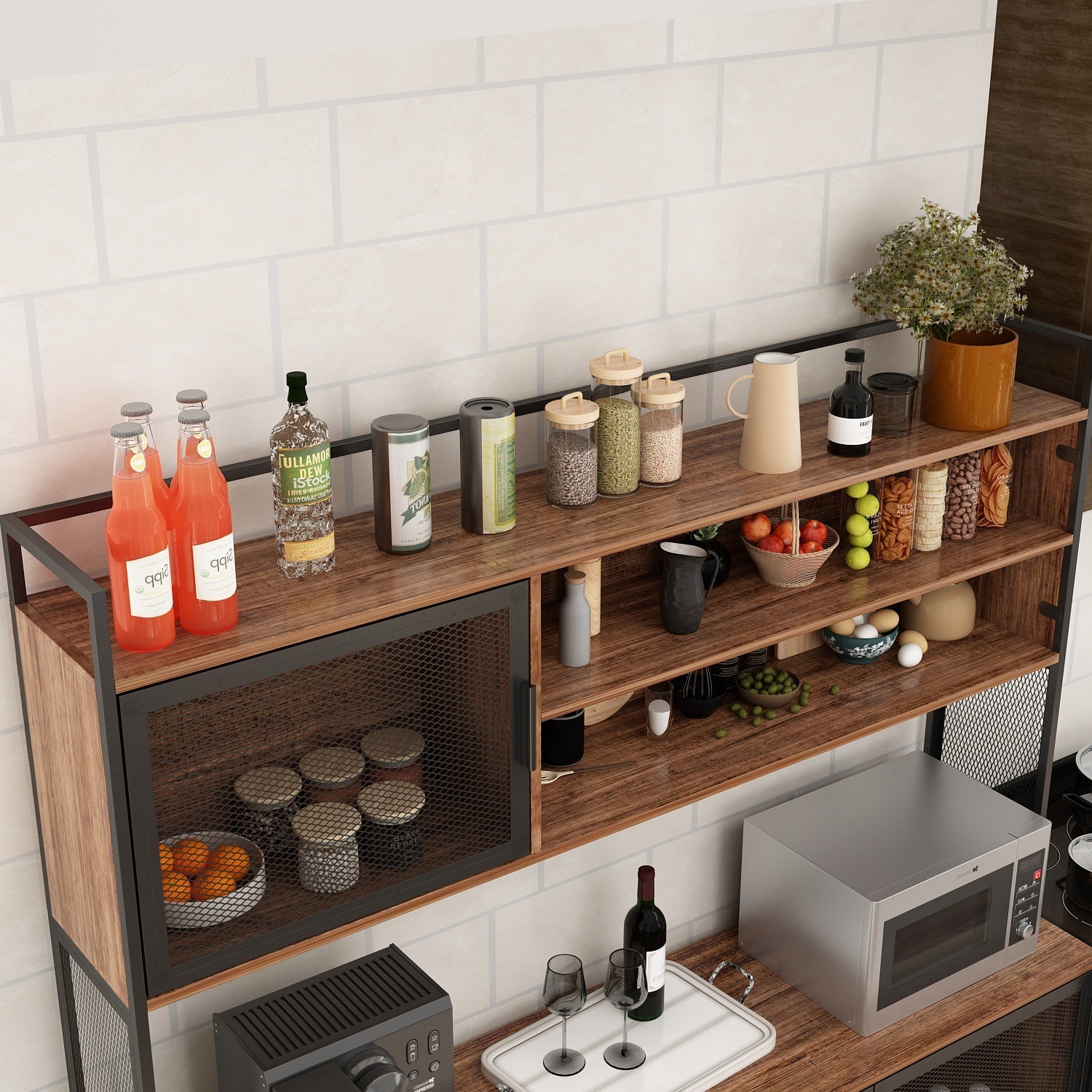 Large Kitchen Sideboard Display Cupboard with Drawers and Mesh Doors Wood Grain