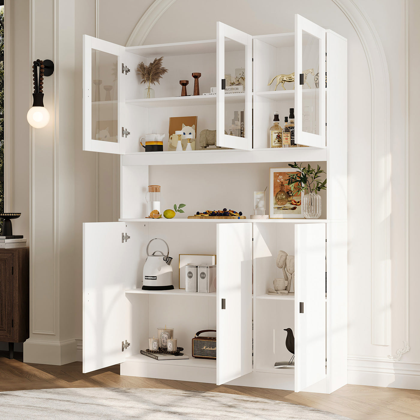 47.2" Elegant White Bookcase with Glass Doors and Open Shelves