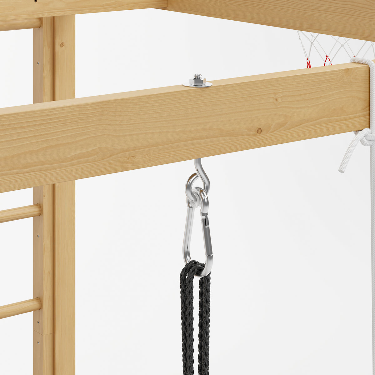 Wooden play structure with a swing attached, on a white background