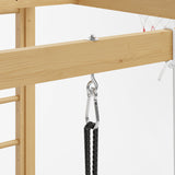 Wooden play structure with a swing attached, on a white background