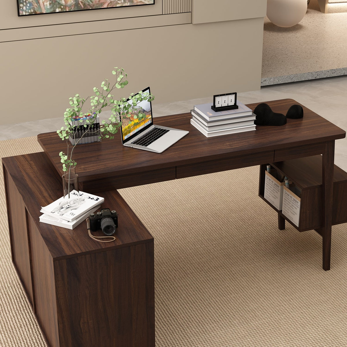 55.1" Mid-Century Modern Brown L-Shaped Home Office Computer Desk with 3 Drawers and Wood Legs