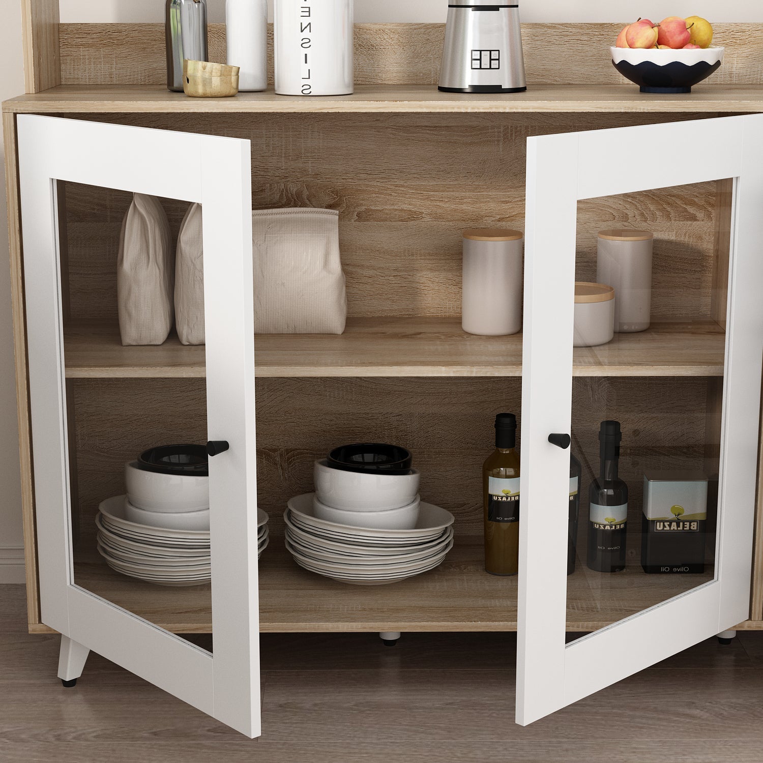 Storage Sideboard Cabinet Cupboard with Drawers and Glass Doors for Kitchen Organization
