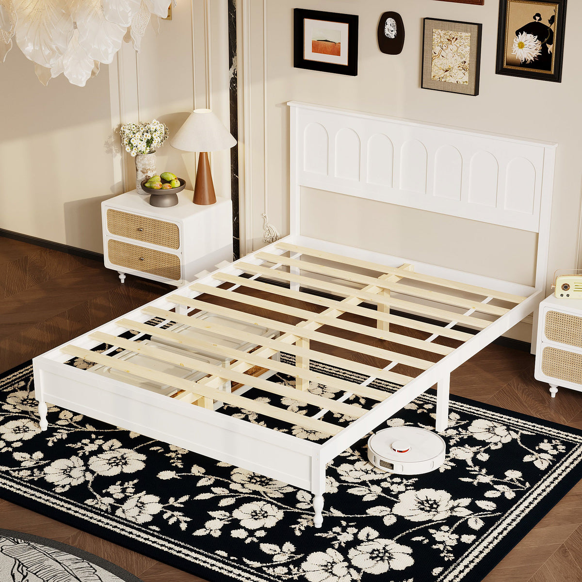 Queen Size Modern Simplicity White Solid Wood Platform Bed With Solid Rubberwood and Pine Wood