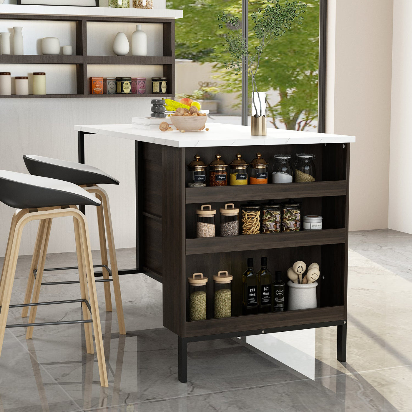 55.1" Modern Kitchen Island with 2 Drawers and Open Storage Shelves