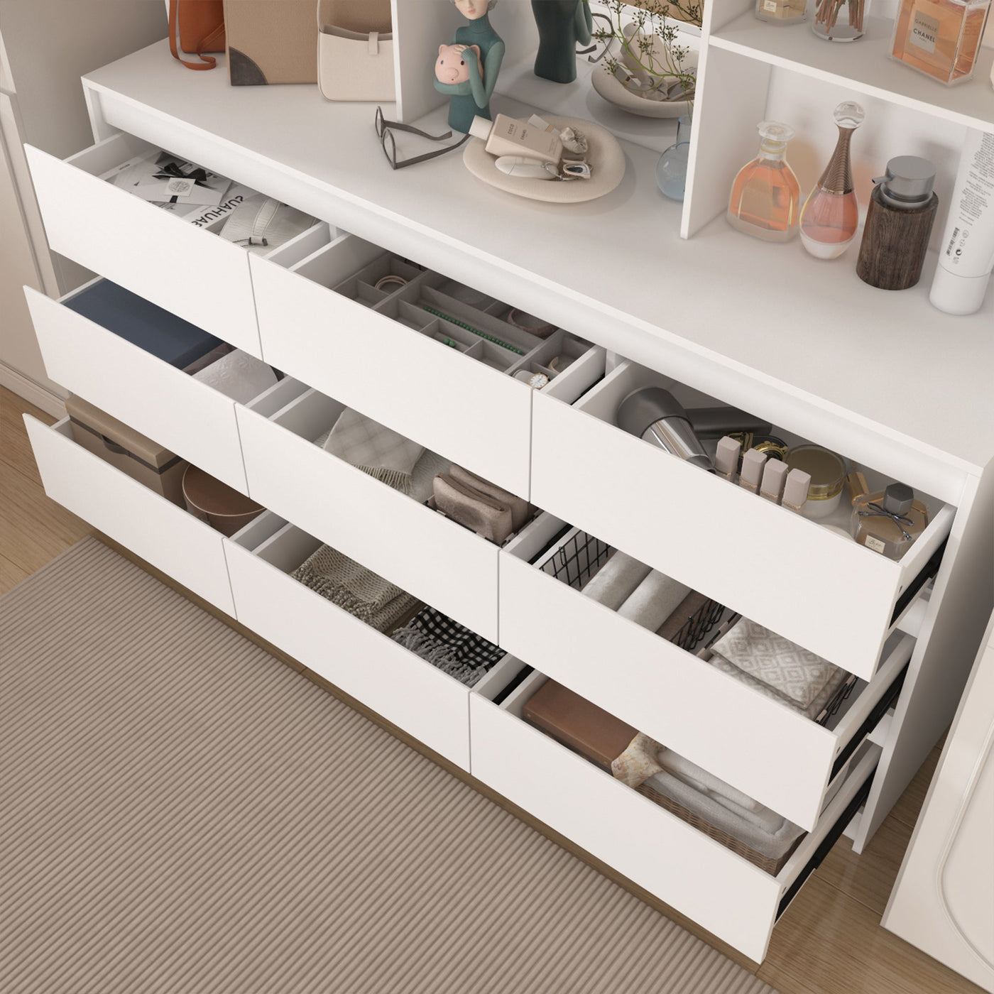 63" Modern Minimalist White Closet System With 9 Drawers And Central Mirror