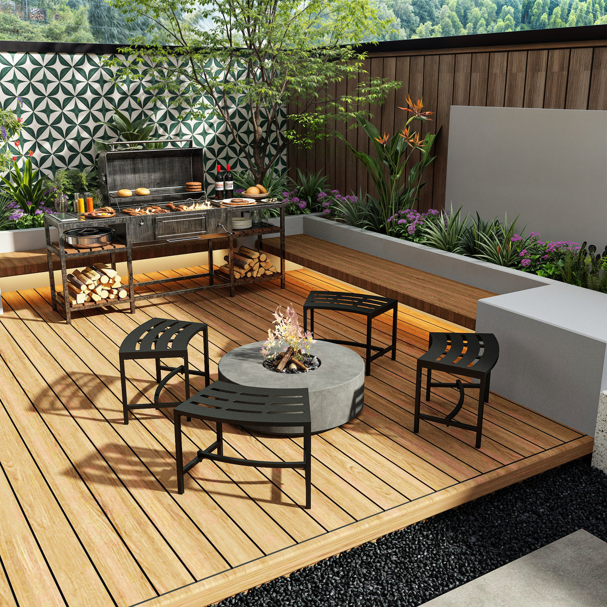 23.9" Industrial Black Outdoor Bench (Set of 4)