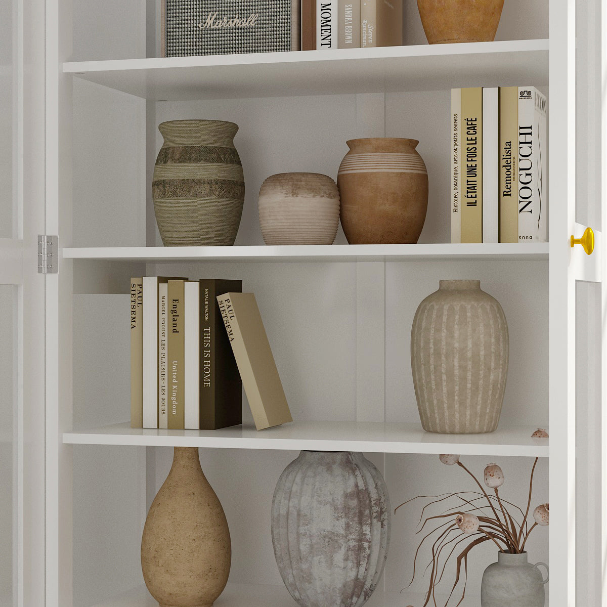31.5" Modern Minimalist White Lacquer Bookcase with Glass Doors