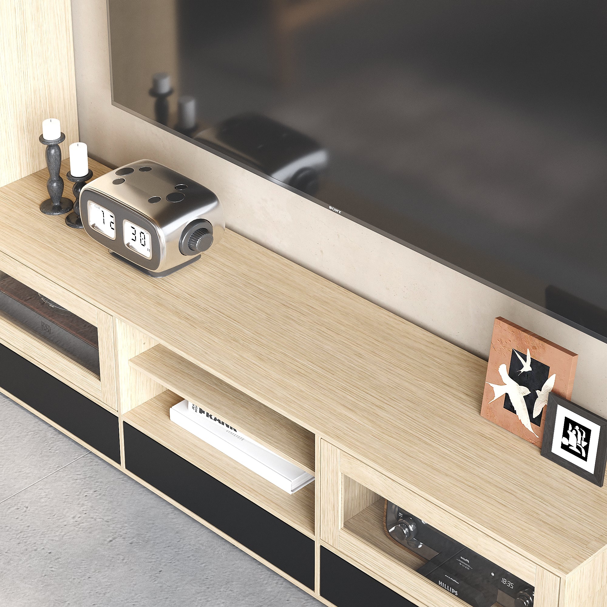 Modern 3-Piece Entertainment Center With Overhead Cabinets And 69" TV Stand, Natural Wood And Black Finish