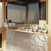 Wall with decorative plants and a large screen TV above a patterned wall