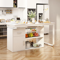 Modern kitchen with a white island featuring fruit and kitchenware.