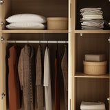63 inches Beige Wood‑Grain 8‑Door Armoire Wardrobe with Top Cabinet, Hanging Rod and 2 Bottom Storage Drawers