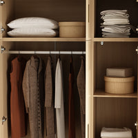 63" Beige Wood‑Grain 8‑Door Armoire Wardrobe with Top Cabinet, Hanging Rod and 2 Bottom Storage Drawers
