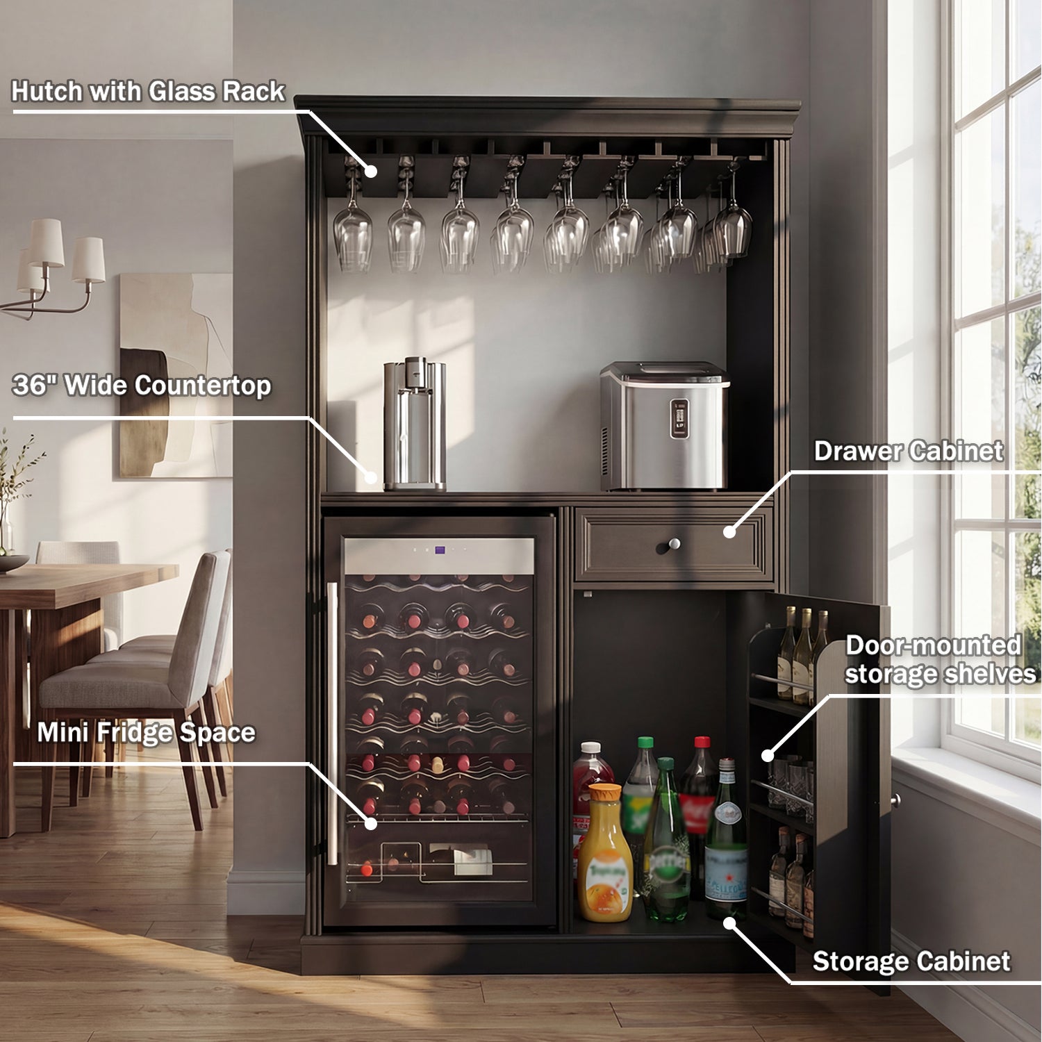 Beverage center with labeled features in a home setting