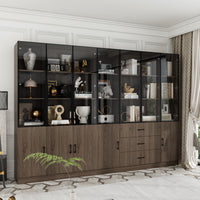 Geyma 110.2" Modern Glass Doors Display Case with LED Lights and Drawers