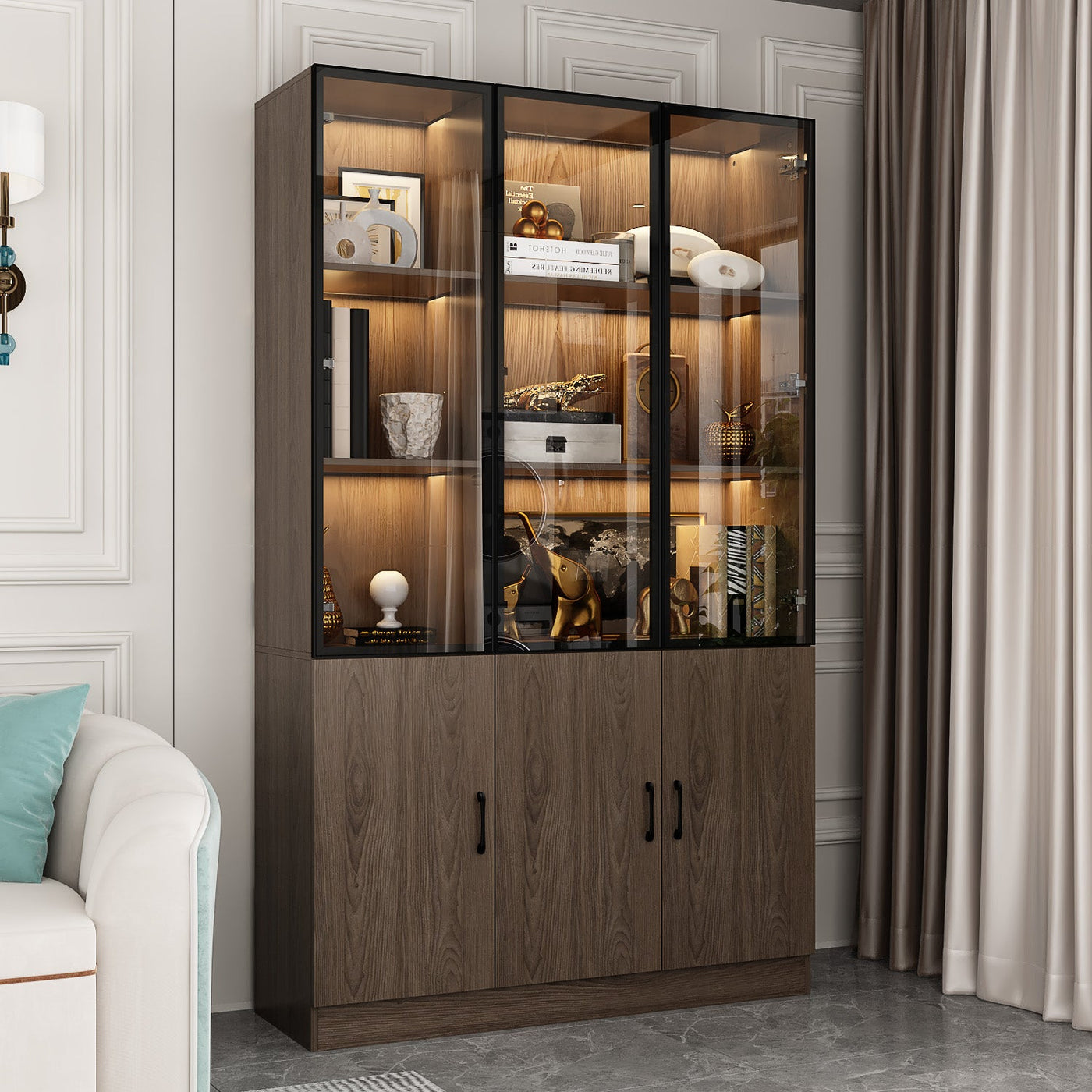 Geyma 47" Modern Brown Display Cabinets with Glass Door and Adjustable Lighting