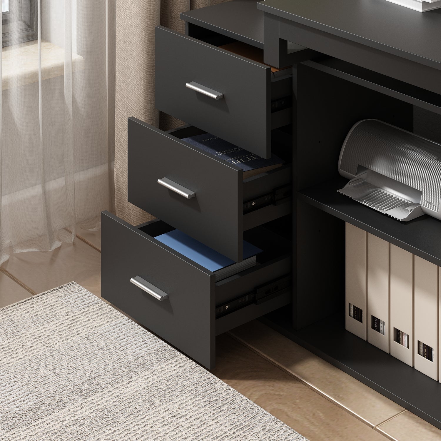 Home Office Computer Desk Corner Desk with 3 Drawers and 2 Shelves, 55 Inch Large L-Shaped Study Writing Table with Storage Cabinet