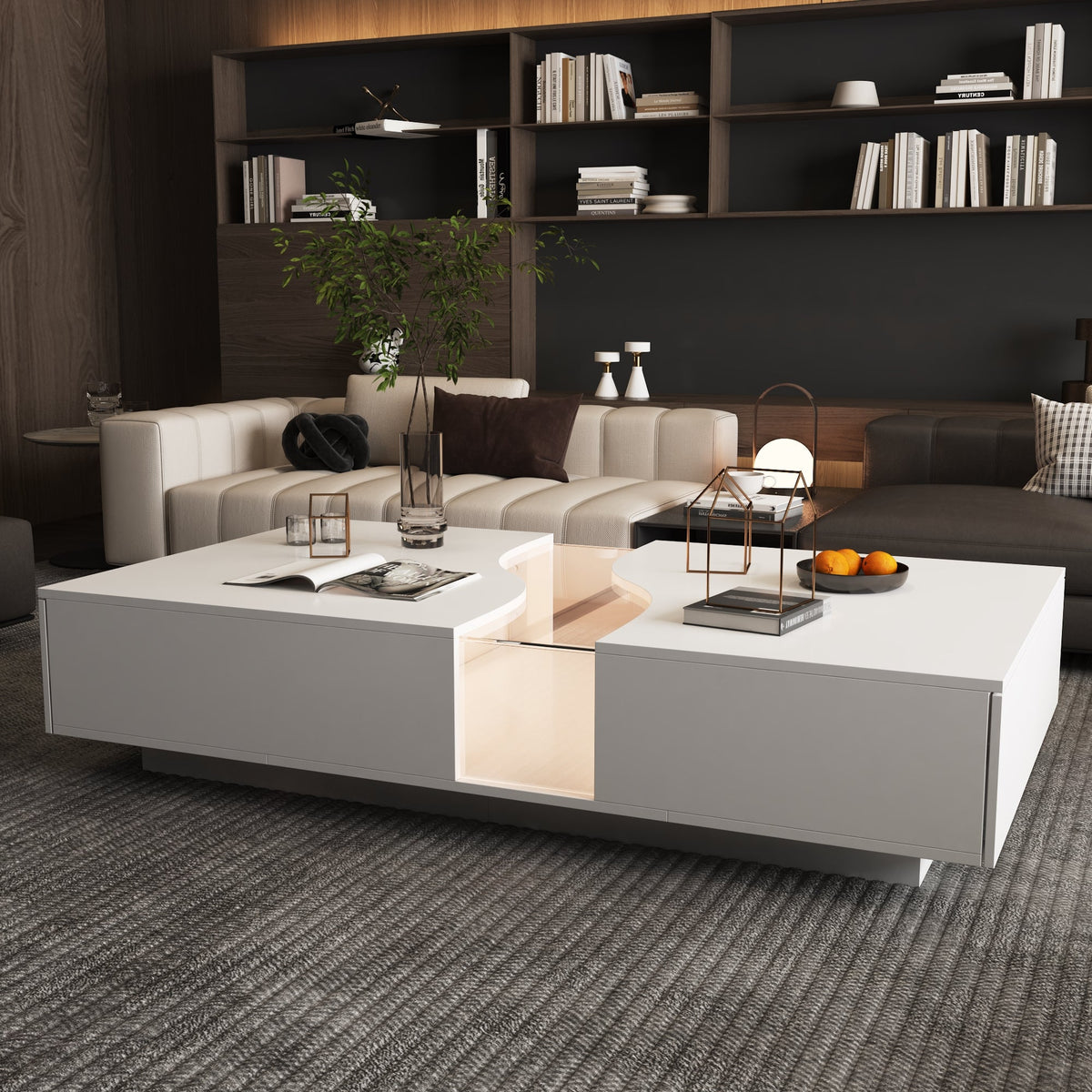 55.1" Modern White Coffee Table with Dual-Sided Drawers and Lighted Glass Center