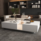 55.1 inches Modern Minimalist White Coffee Table With Light And Glass Finish In The Middle