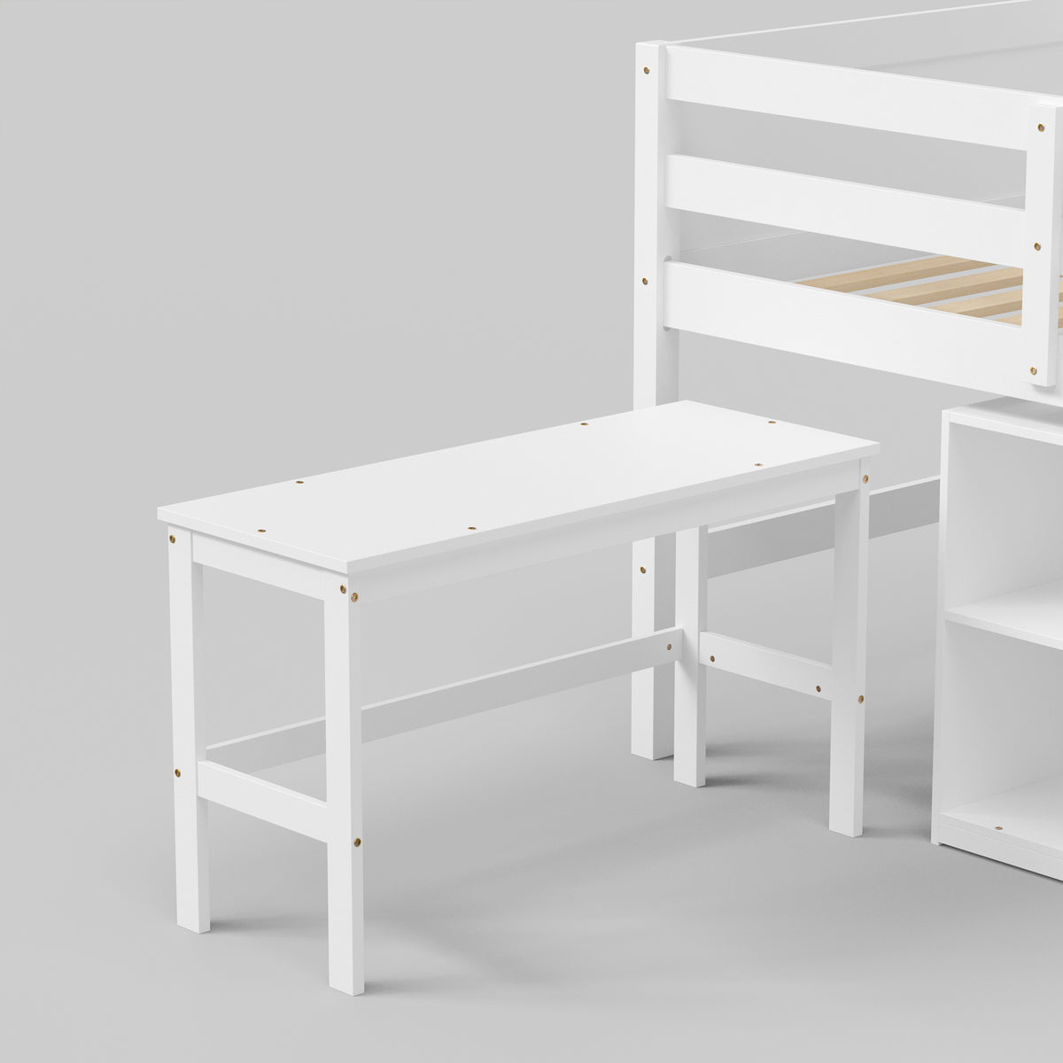 White kids loft bed with built-in desk, shelves, ladder, and storage space