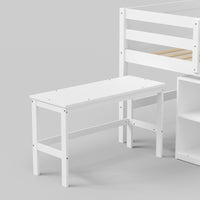 White kids loft bed with built-in desk, shelves, ladder, and storage space