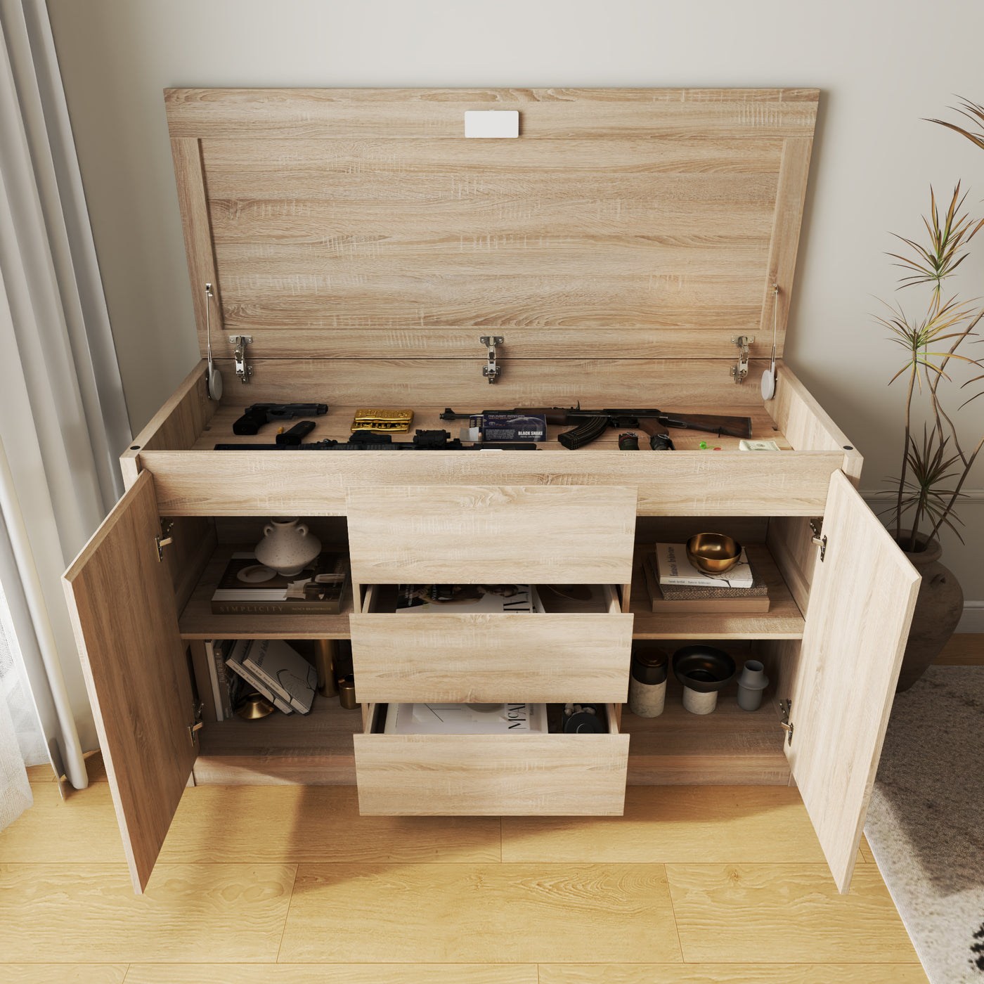 55" Modern Black Sideboard with Hidden Gun Safe & RFID NFC Lock