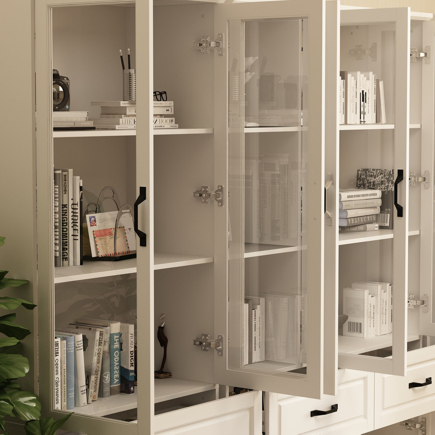 Vila 141.7" White Bookcases & Display Cabinets with 6 Drawers and Open Shelf