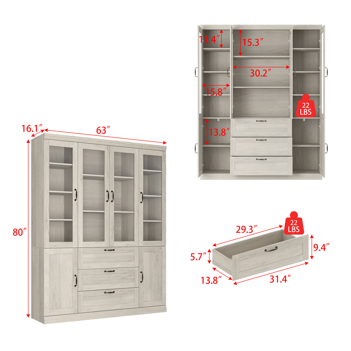 63" Rustic Gray-White Wood Bookcase Display Cabinet with Glass Doors & 3 Drawers
