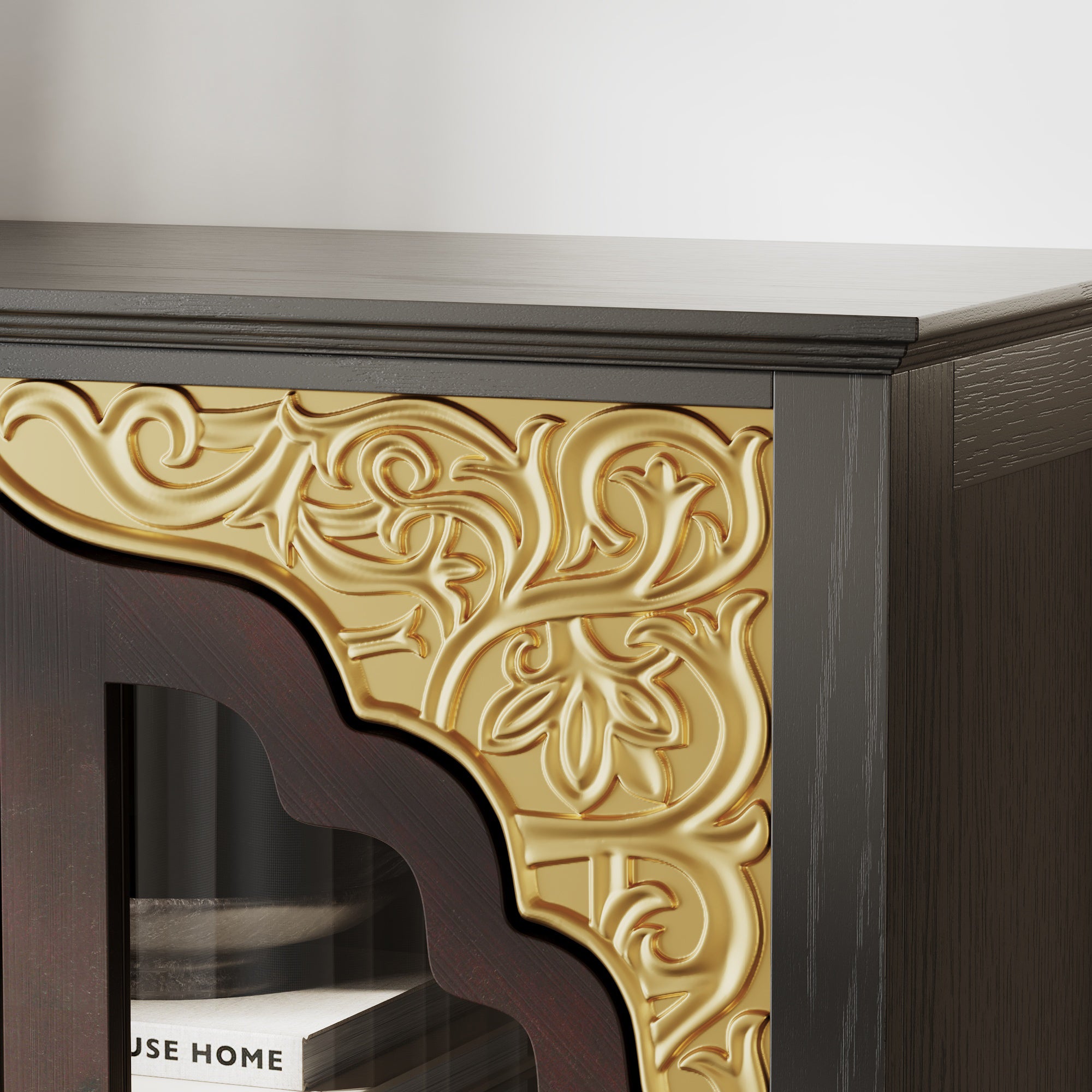 Display Cabinet With Tempered Glass Door And Exquisite Carvings