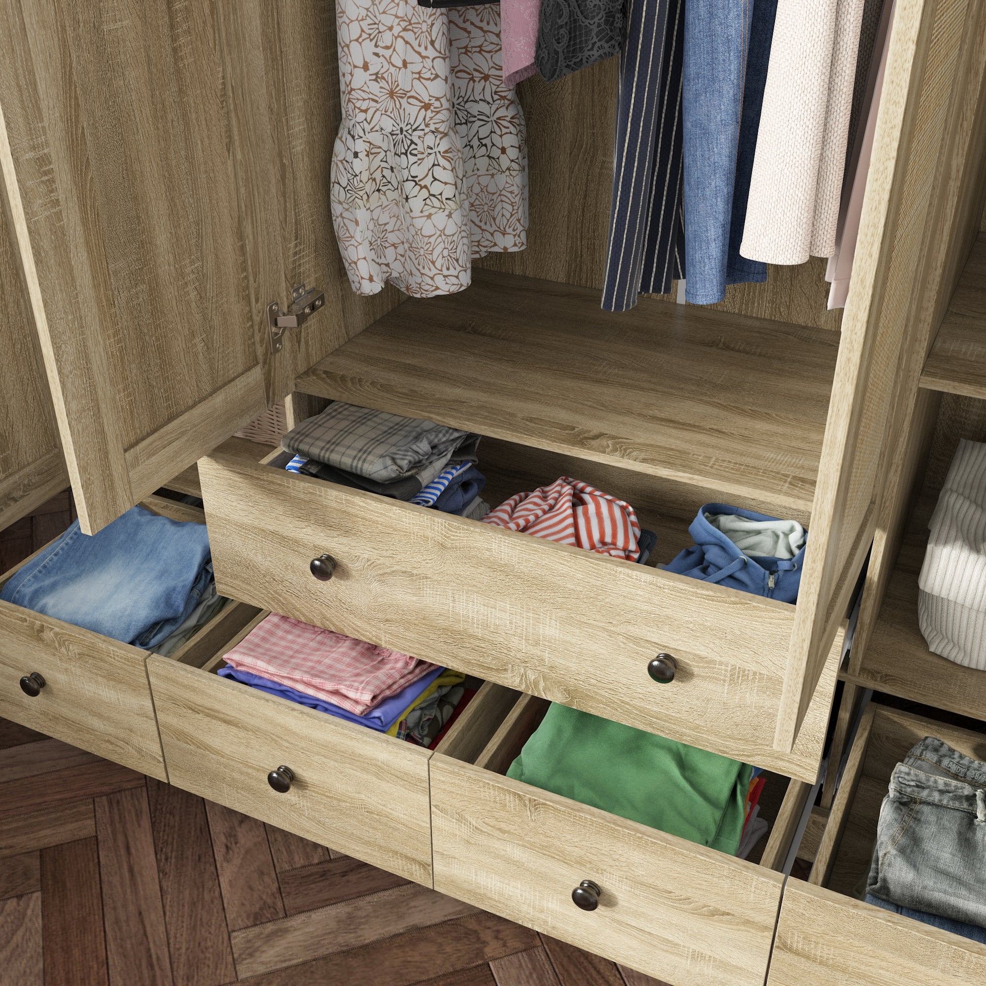 Rustic Four-Door Wardrobe With Rattan Paneling And Six-Drawer Storage