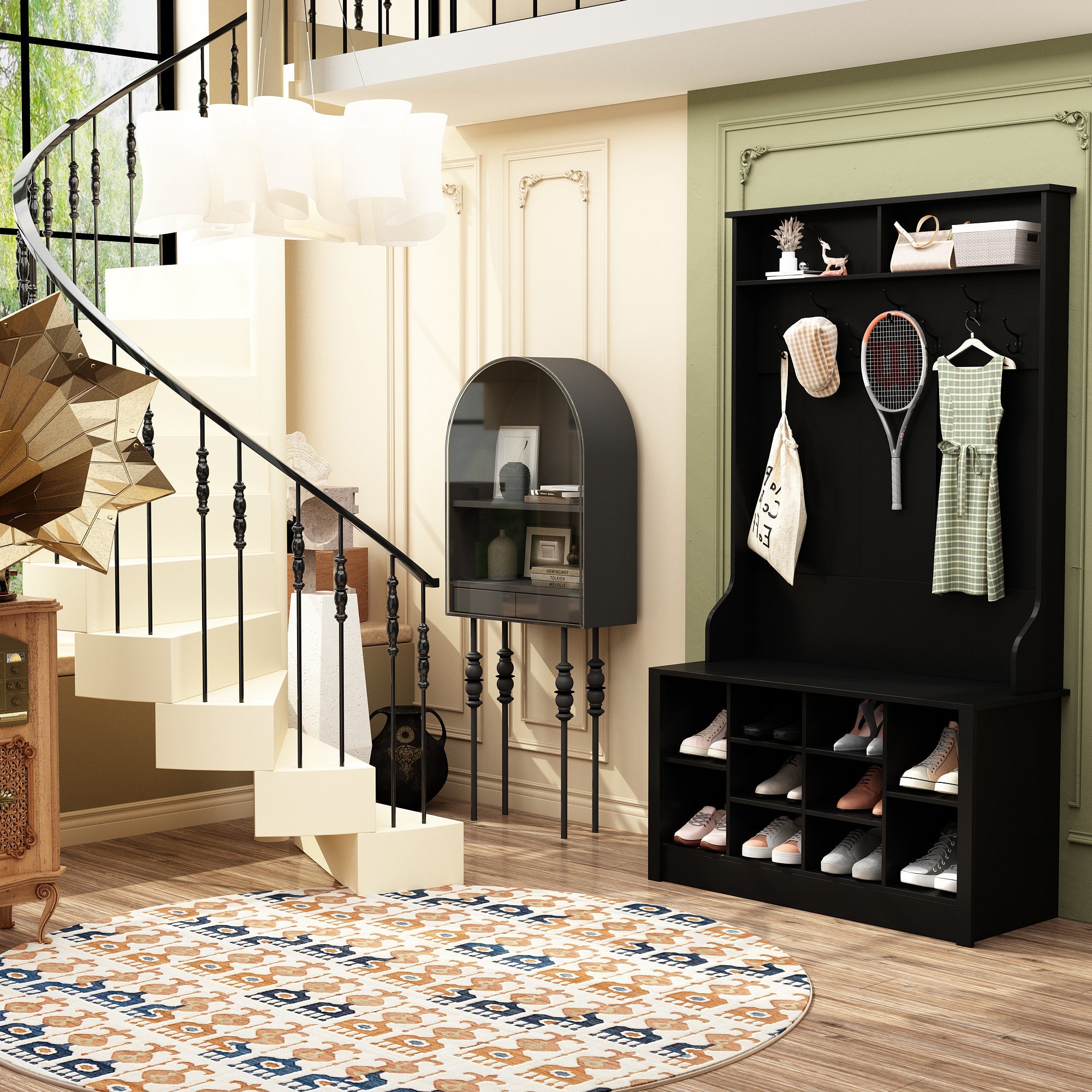 Hall Tree Shoe Storage Rack Bench Cabinet with Hooks for Entryway