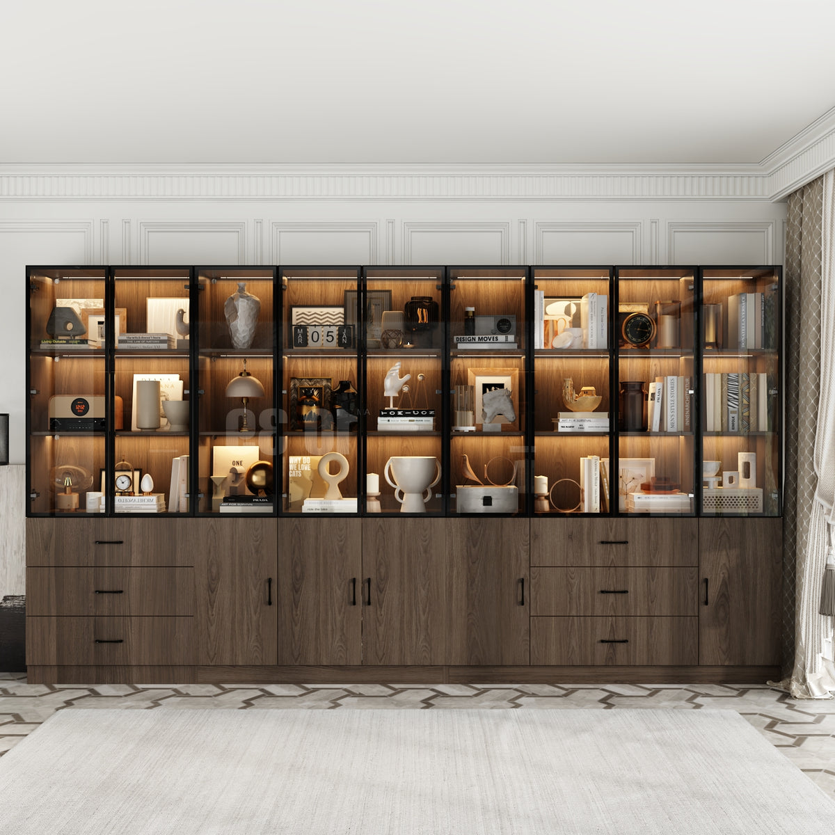 Geyma 141.7" Extra Wide Display Cabinet with 6 Drawers and LED Lights
