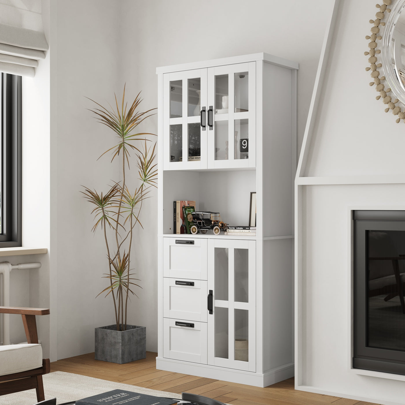 31.5" Contemporary White China Cabinet with Glass Doors & Drawers