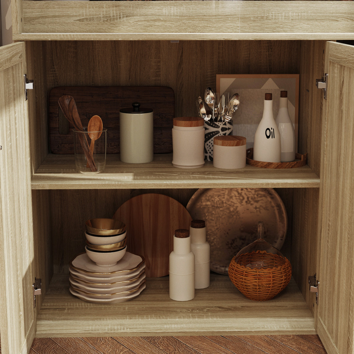 47.2 inch Modern Natural Wood Food Pantry Cabinet with Sliding Glass Doors & Ventilated Design