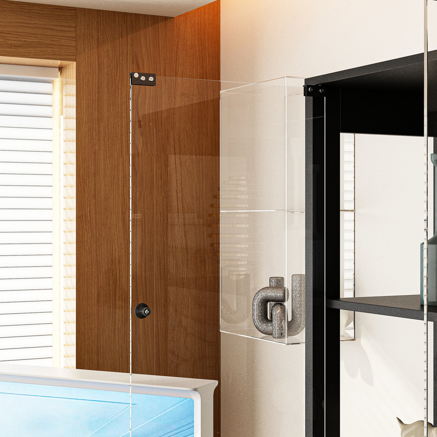 Modern bathroom interior with glass shower enclosure, wooden panel, and shelves.