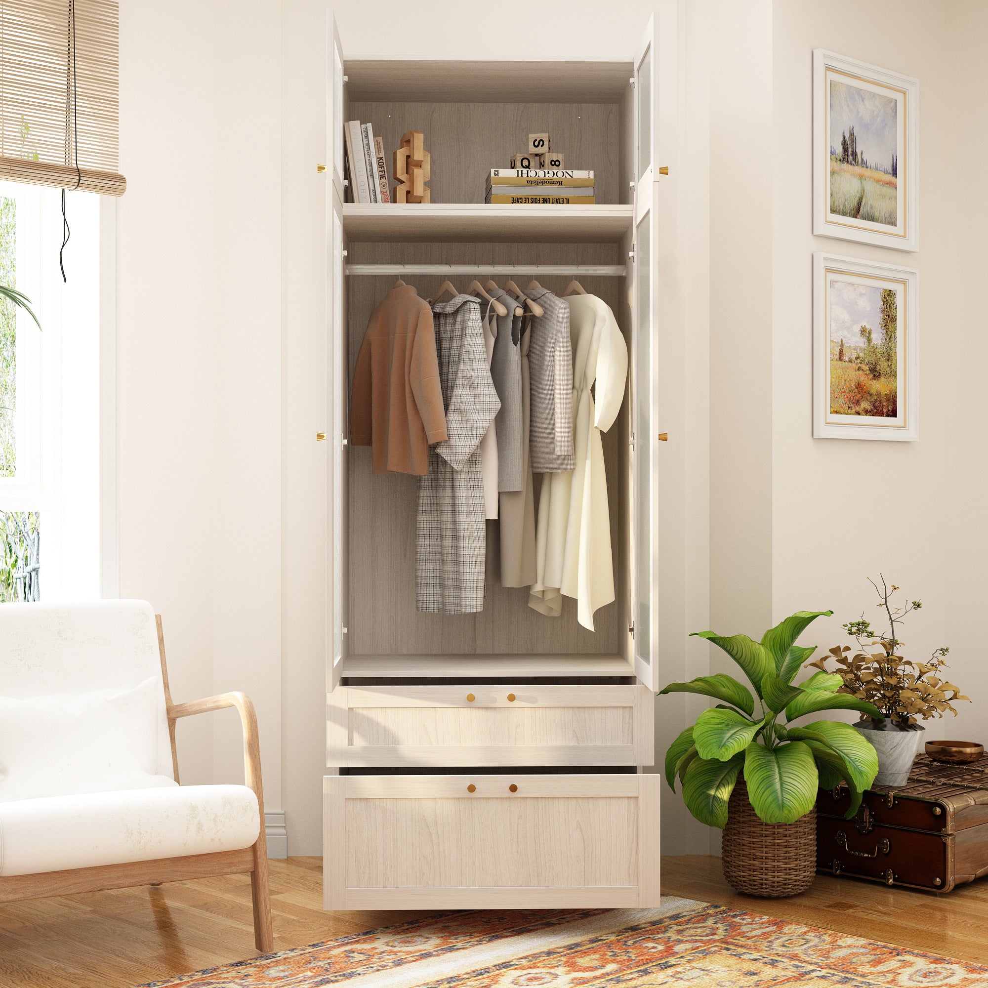 Modern White Wardrobe With Frosted Glass Doors, Two Drawers, And Hanging Rail – Spacious Storage Solution For Bedrooms