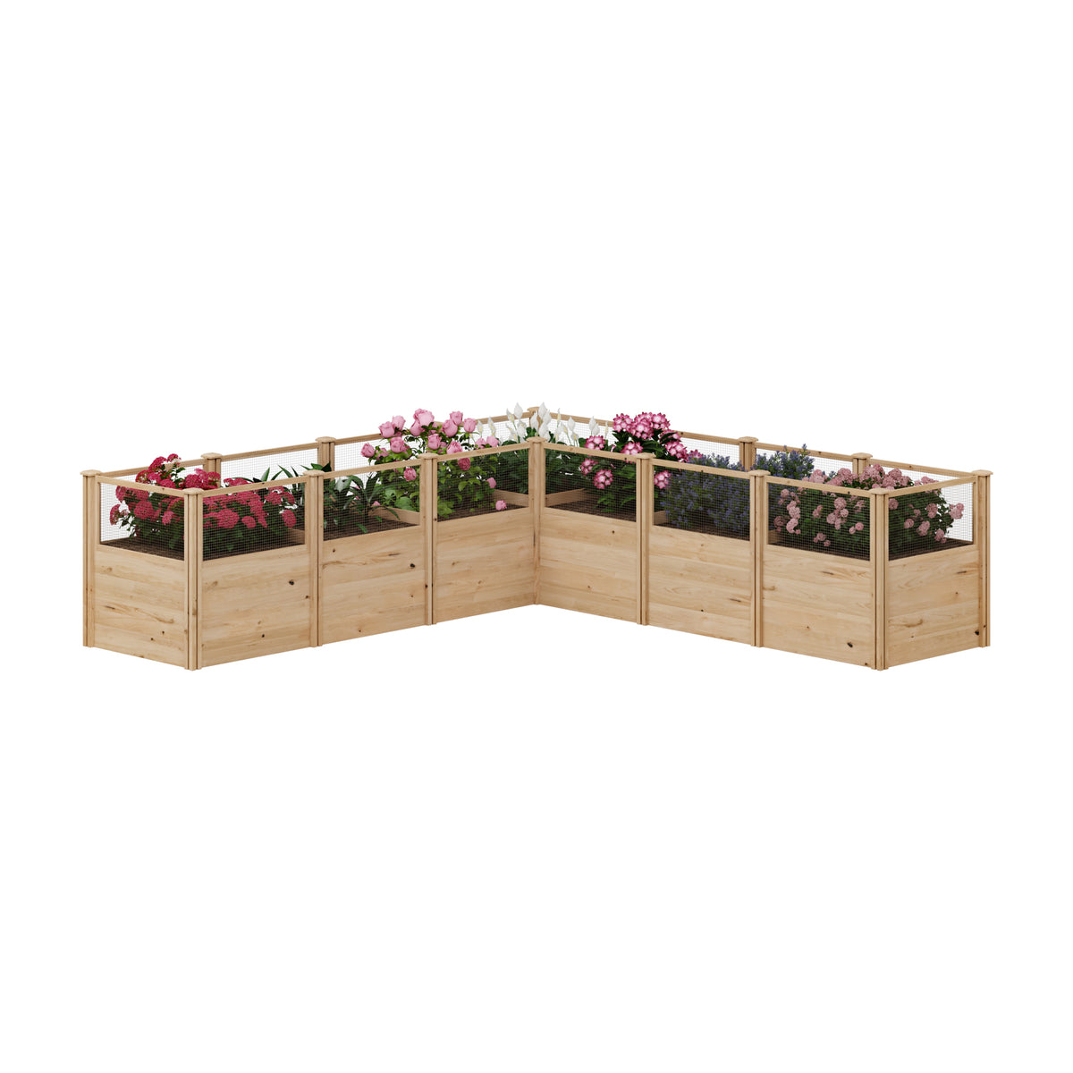 Wooden raised garden bed with planters on a white background