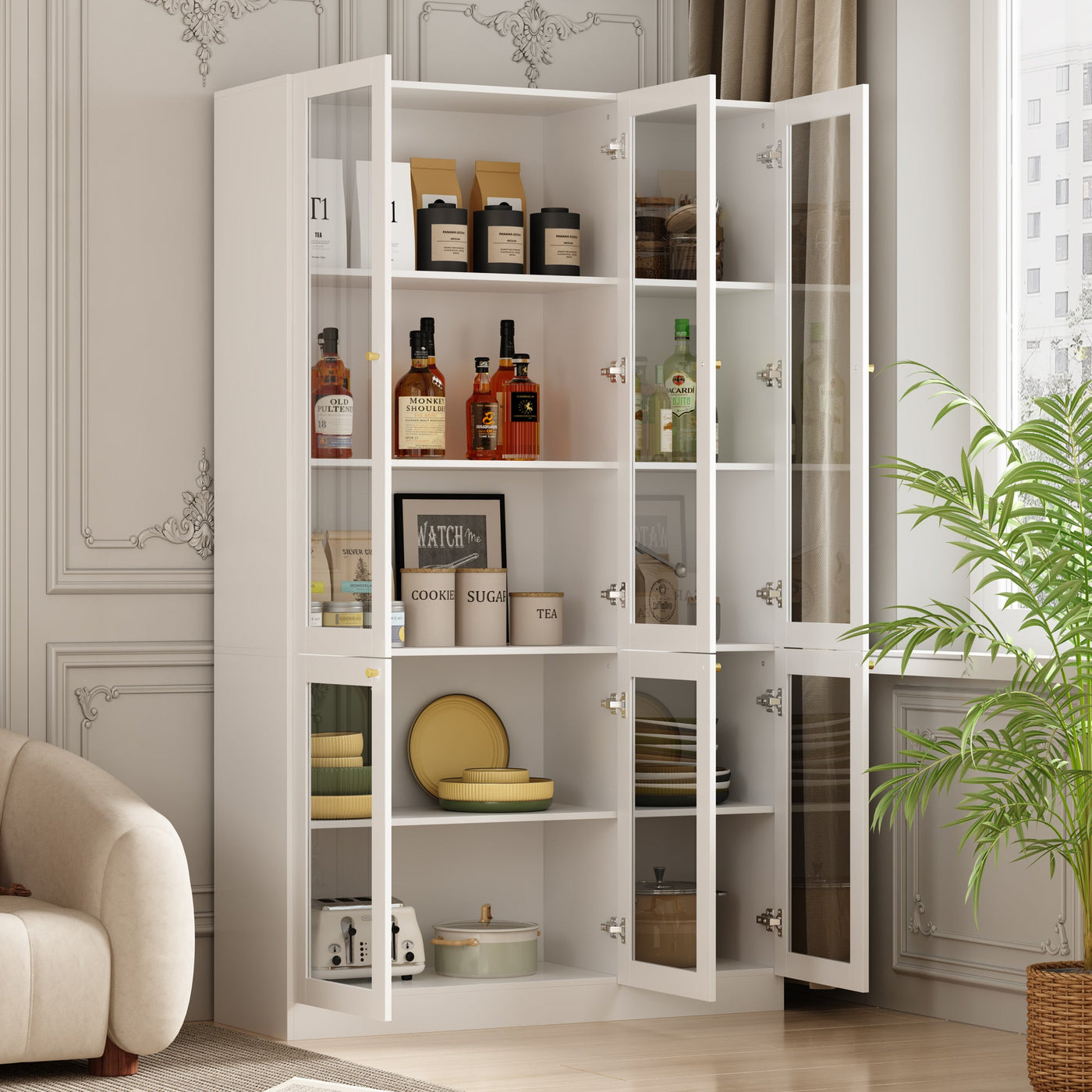 47.2" Modern White Tall Bookshelf with 6 Glass Doors and Gold Conical Handles