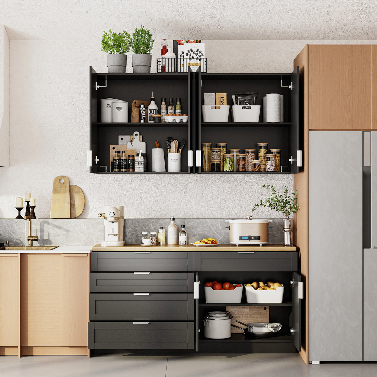 63" Modern Matte Black Kitchen Cabinet Set with 5 Drawers and 6 Doors