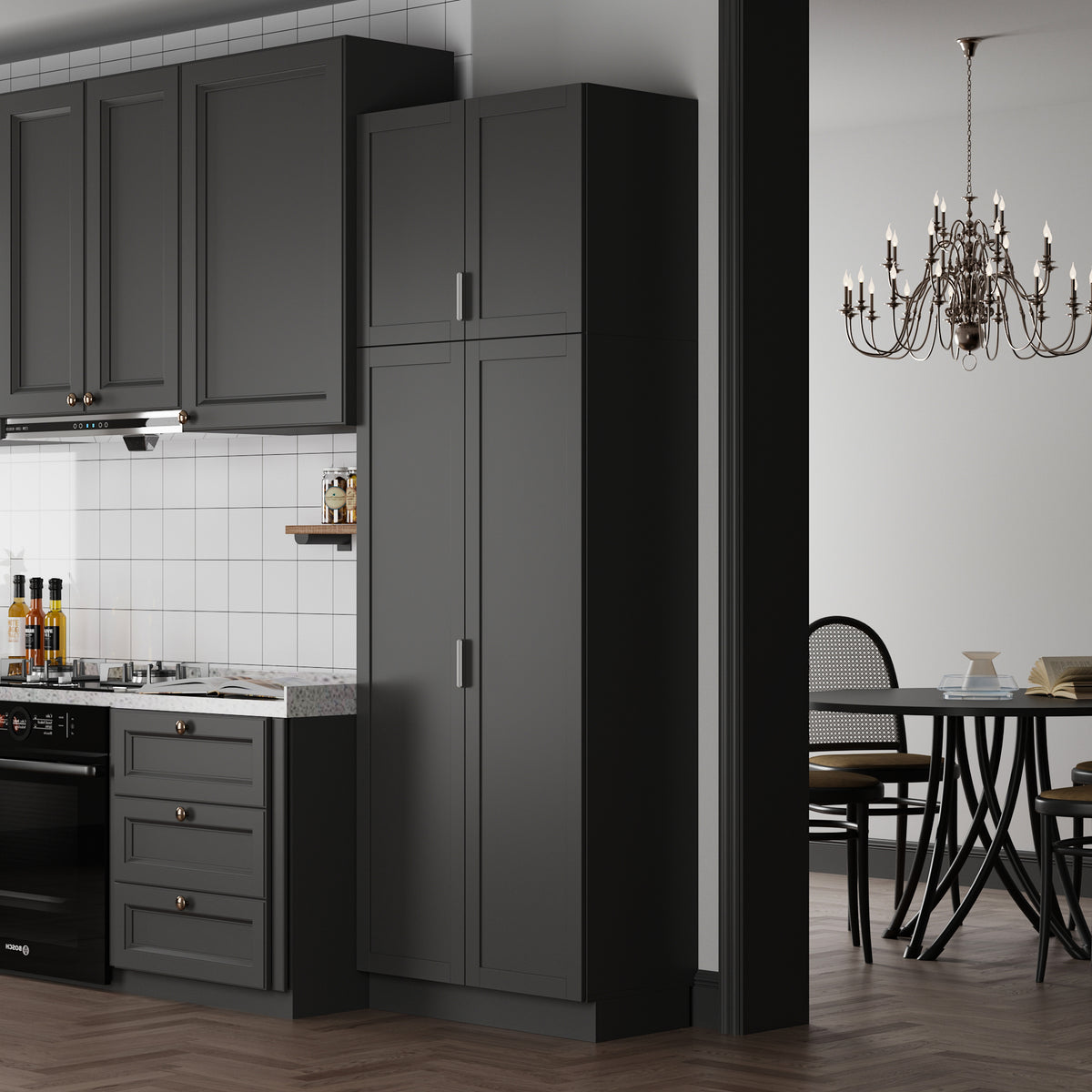 90.6 inch Tall Black Kitchen Pantry Cabinet with 4 Doors and Adjustable Shelves