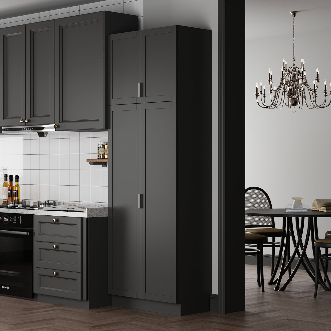 90.6" Tall Black Kitchen Pantry Cabinet with 4 Doors and Adjustable Shelves