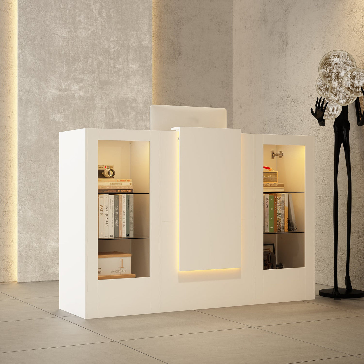 59" Modern White Reception Desk With Display Cabinets And LED Lightsand Transparent Glass
