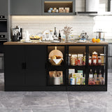 77.6 inches Modern Elegant Black Kitchen Island With Glass Door 3 Drawer Light Double Side