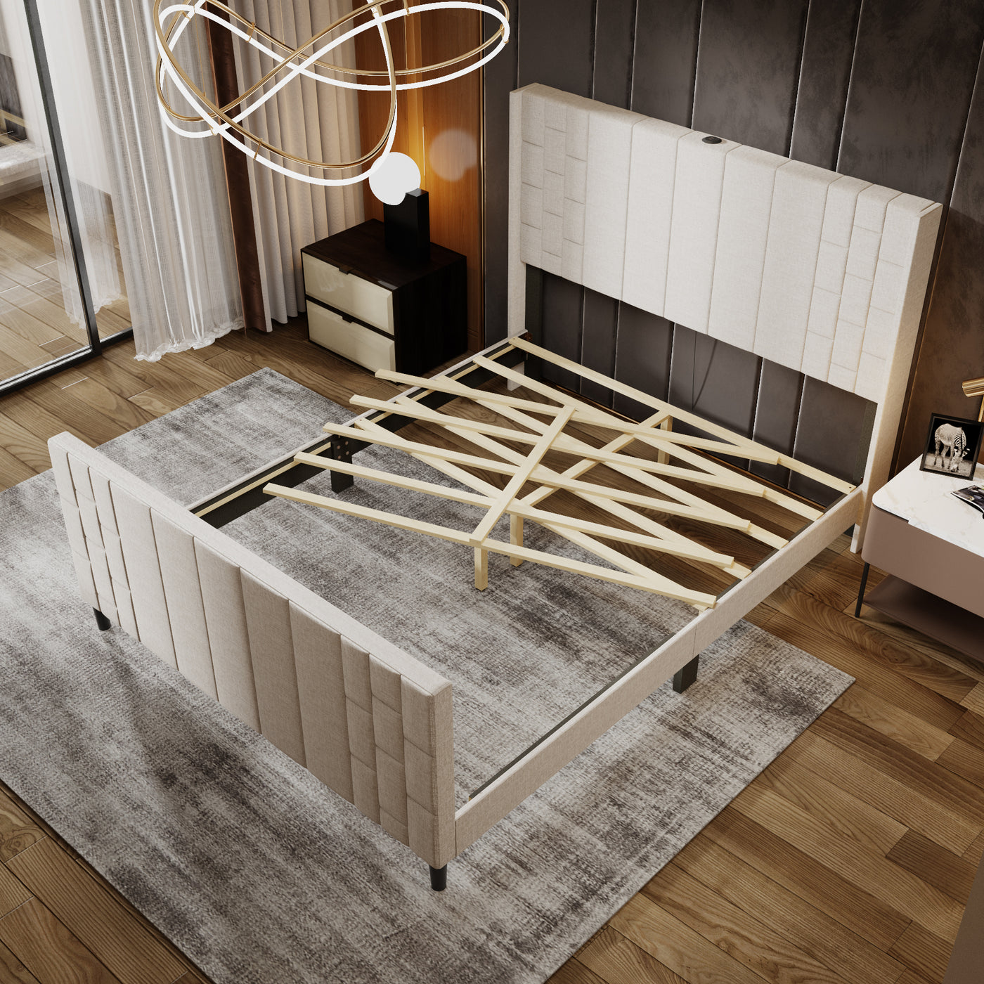 61.8" Modern Beige Platform Bed with USB Ports