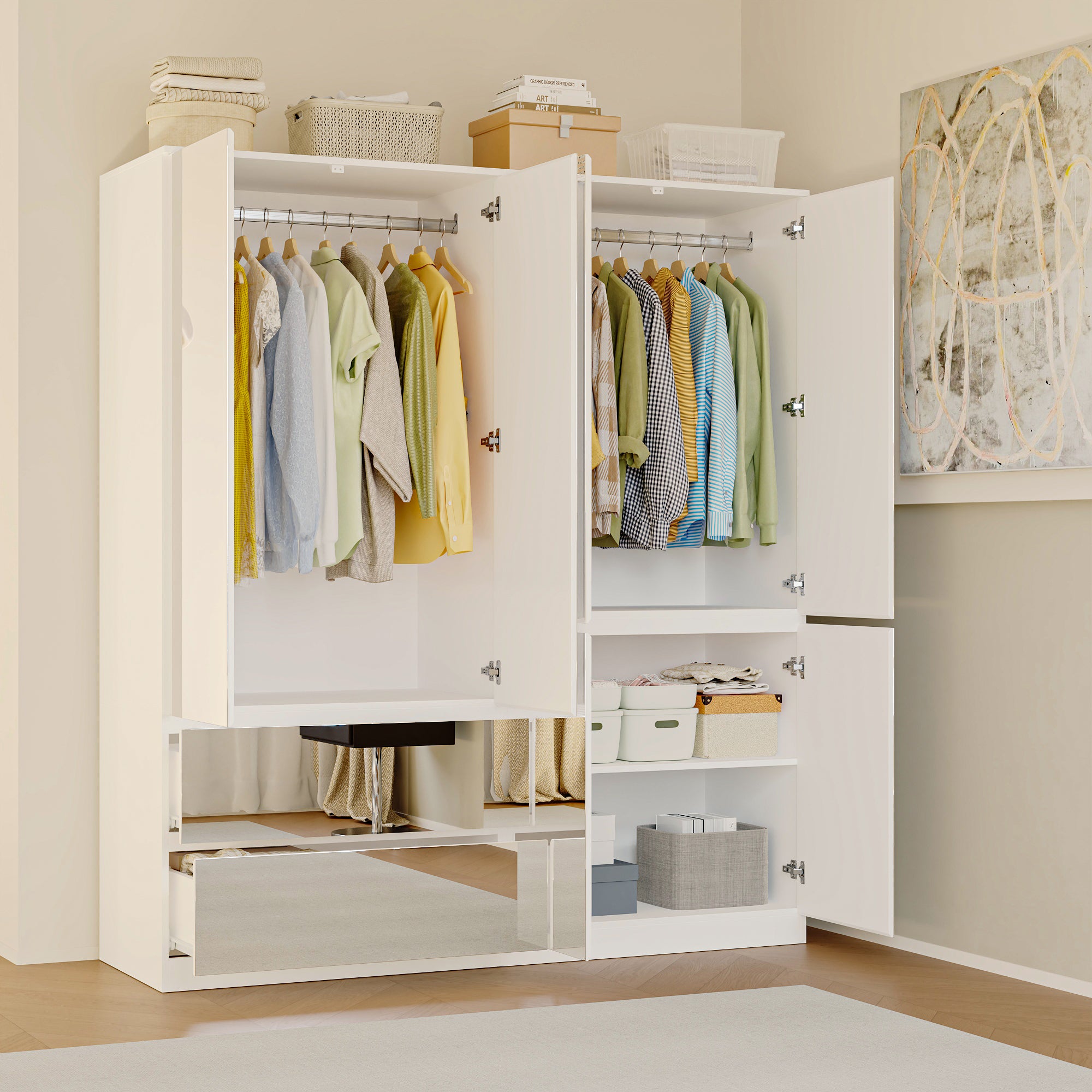 Elegant Full-Length Mirrored Wardrobe With Dual Compartments And Multiple Drawers