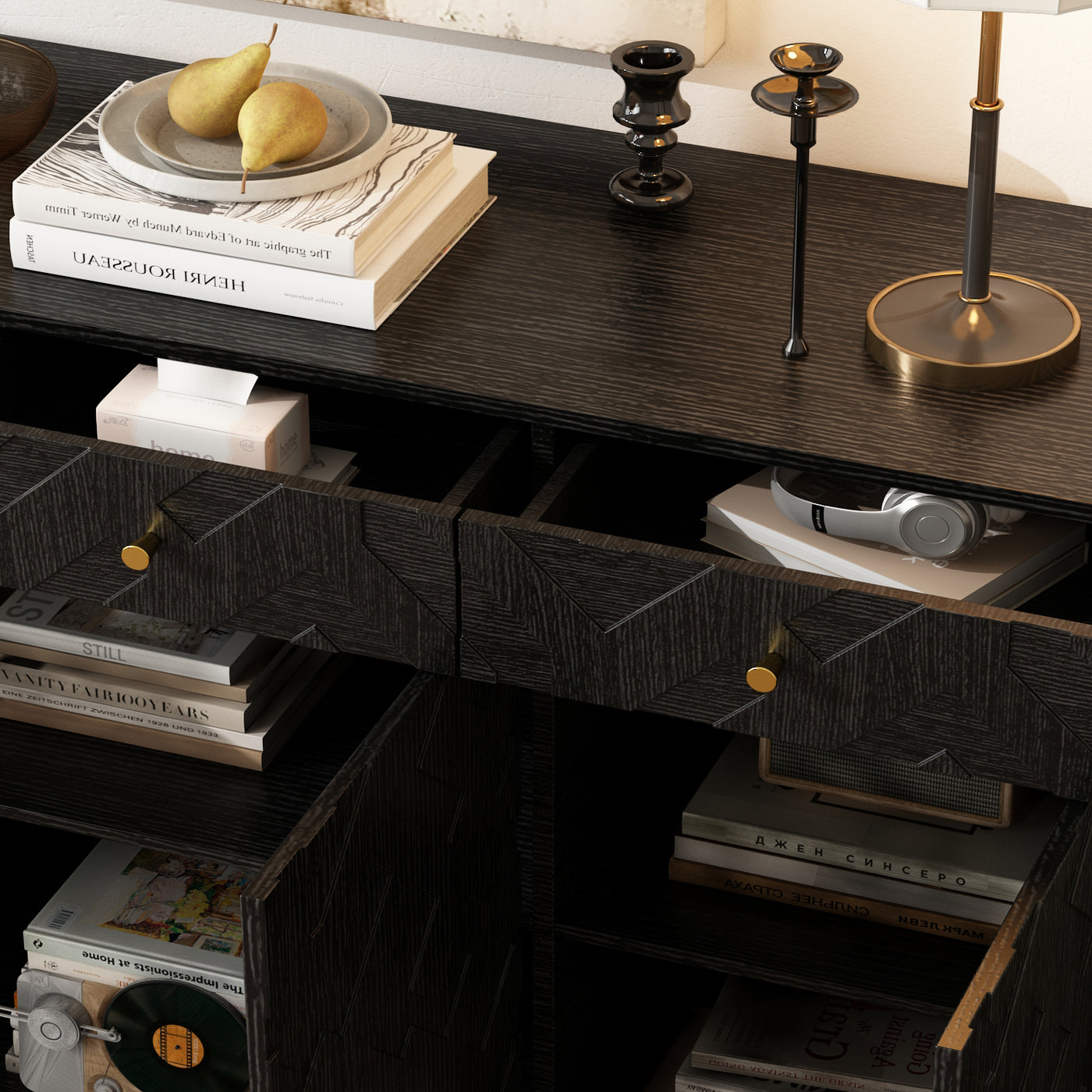 47.2" Rustic Black Embossed Accent Cabinet with 3 Drawers and Adjustable Shelves
