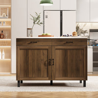 47.2" Modern Brown Wood Kitchen Island with Marble Veneer Countertop and Storage