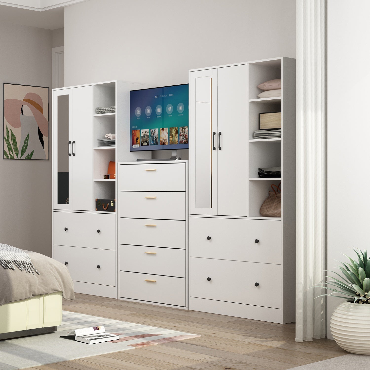 Closet Storage Wardrobe 2-Door 2-Drawer 1-Mirror for Bedroom